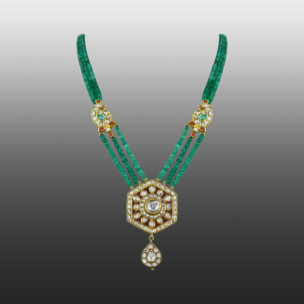 Triple-Strand Emerald Necklace with Red Stone, and Polki